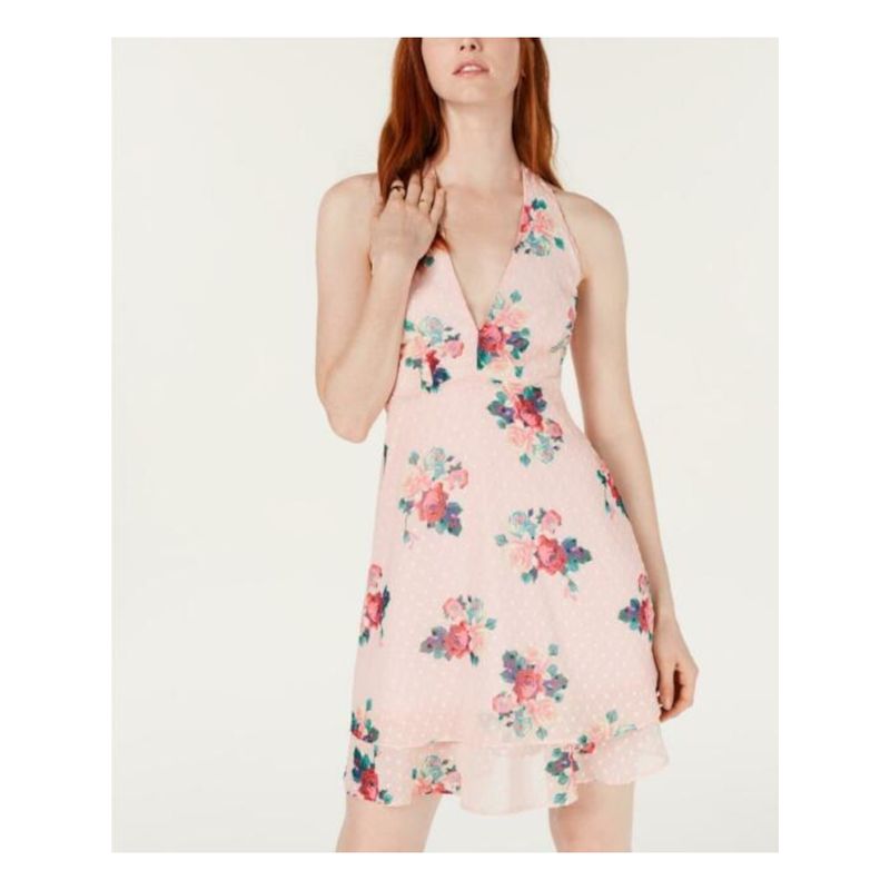 19 Cooper Womens Pink Floral Sleeveless Halter Above The Knee Dress Size: M
